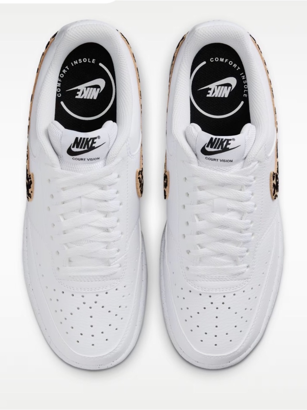 Nike Women's Court Vision Sneakers - White with Leopard Swoosh